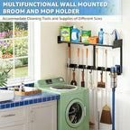 27" Mop and Broom Holder Wall Mount with Top Storage Shelf & Hooks,Black - Image 2