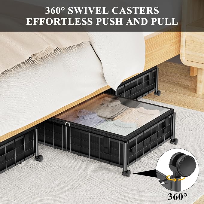Hleelomi Under Bed Storage with Wheels and Storage Bag, 360° Rolling Under Bed Metal Drawers for Clothes, Blankets, Books and Shoes,Black， 2pack - Image 8