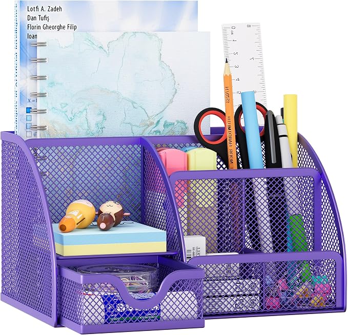 EasyPAG Mesh Desk Organizer with Drawer Multi-functional Pen Holder Stationery Organizer for Office School Supplies 6 Compartments Dorm Organizers and Storage for Desk, Purple by EasyPAG