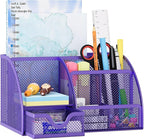 EasyPAG Mesh Desk Organizer with Drawer Multi-functional Pen Holder Stationery Organizer for Office School Supplies 6 Compartments Dorm Organizers and Storage for Desk, Purple by EasyPAG