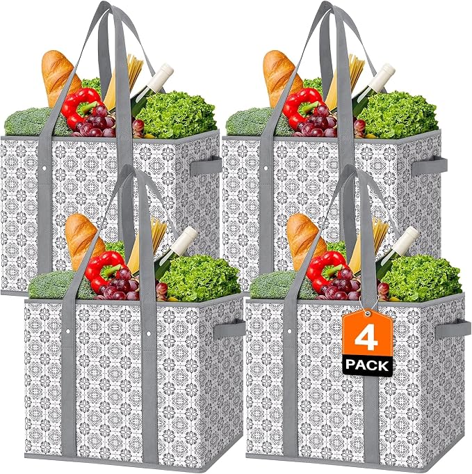 Reusable Grocery Bags 4 Pack, Foldable & Water Resistant Shopping Bags by WiseLife