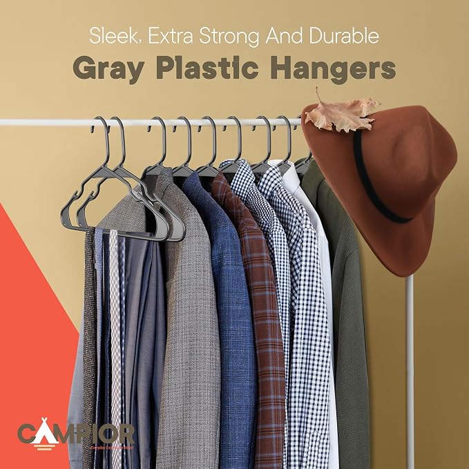 Gray Plastic Hangers 10 Pack– Heavy-Duty Plastic Hangers Slim and Space-Saving, Durable and Lightweight PP with Non-Slip Shoulder Notches for Slip Dresses, Suits, Jackets & Camisoles - Image 8