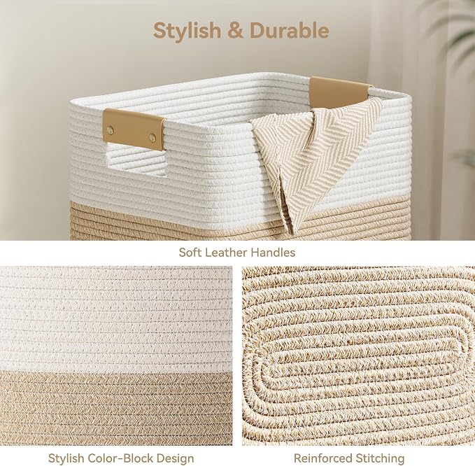 Nunsino 90L Laundry Basket, Cotton Rope Laundry Hamper with Leather Handles - Image 5