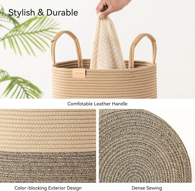 Nunsino 75L Striped Laundry Hamper with Leather Handles,Large Foldable Laundry Basket for Clothes,Cotton Rope Storage Bin for Blankets,Woven Clothes Basket for Bedroom,Dark Brown Stripes - Image 6