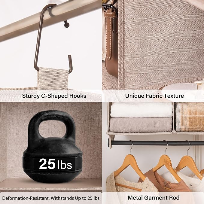StorageWorks Hanging Closet Organizer with Rod, 4 Sections, 2 Tiers, Brown | Maximize Closet Space with 4 Open Sections and Built-in Rod for Hanging Clothes Below - Image 4