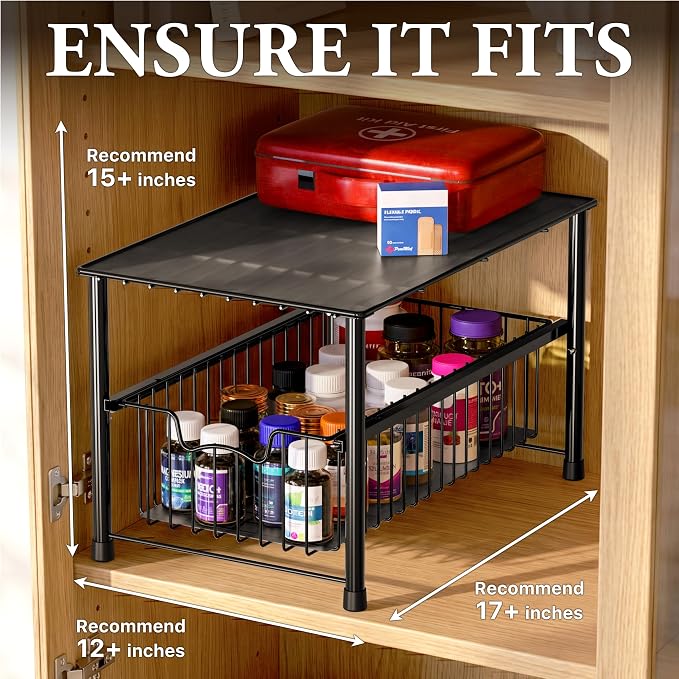 Simple Houseware Wired Stackable Under Sink Cabinet Sliding Basket, Black - Image 3
