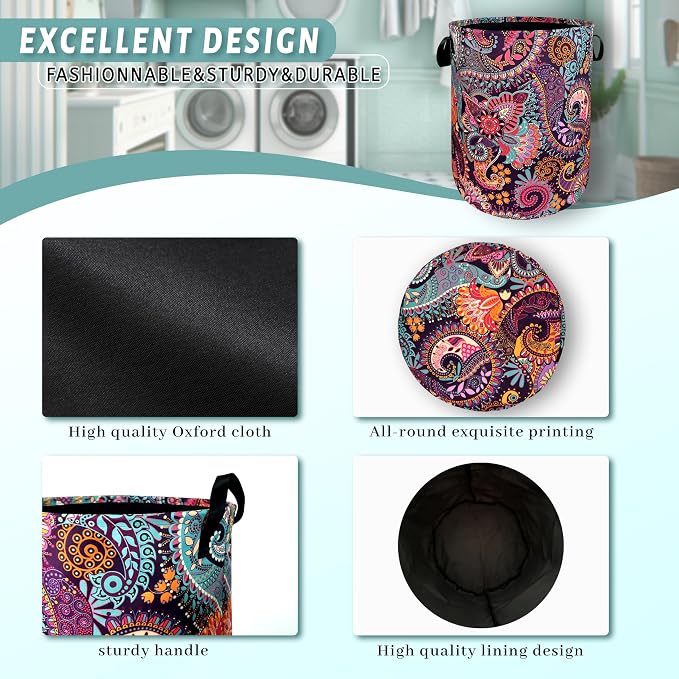 Mandala Paisley Laundry Basket Oxford Cloth Foldable Hamper 18.9x16.5 Inch - Image 4