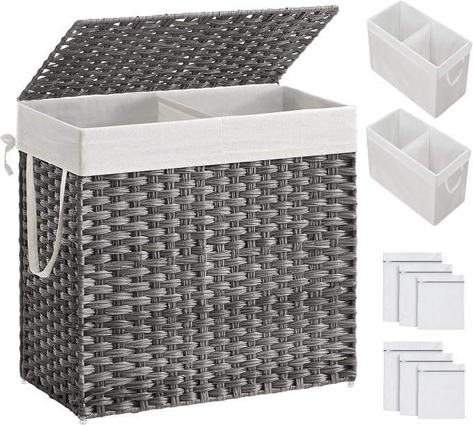 SONGMICS Laundry Hamper with Lid, 130L Double Wicker Basket, 6 Mesh Bags by Unknown