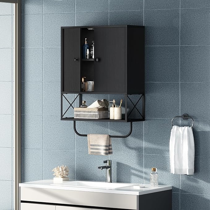 MAHANCRIS Bathroom Wall Cabinet with 2 Door and Adjustable Shelf, Farmhouse Medicine Cabinet with Towel Rack, 3-Tier Wall Mounted Storage Cabinet Over The Toilet for Bathroom, 18.9" L, Black - Image 5