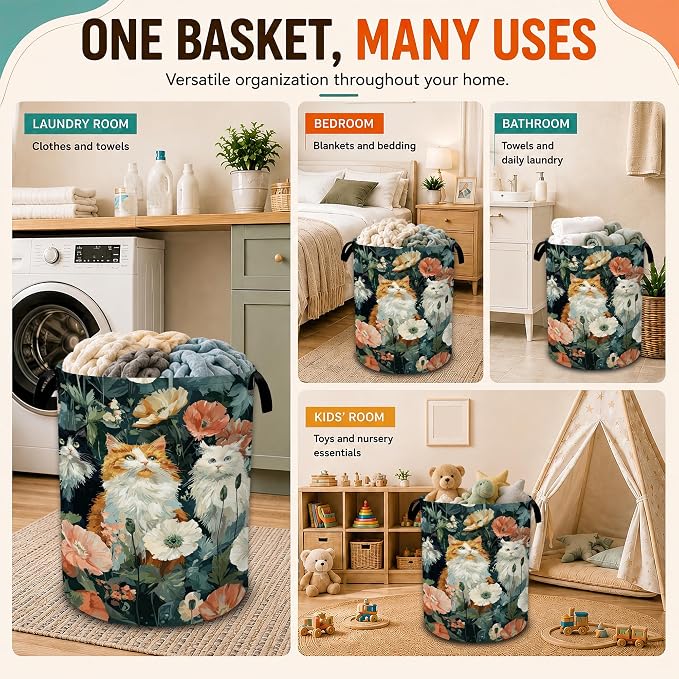 Cute Cat Laundry Basket,Poppy Flowers Foldable Oxford Laundry Hamper with Handles,Collapsible Clothes Storage Basket for Bedroom,Bathroom,or Laundry Room,20.8 x 16 Inches - Image 7