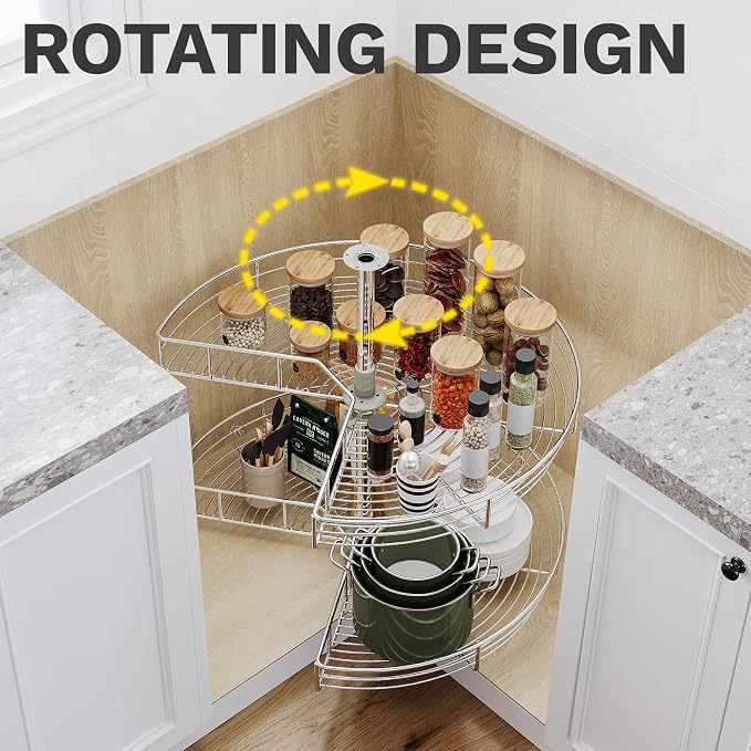 DWVO 28″ Kidney 2-Tier Lazy Susan – Telescoping Mount Corner Cabinet Organizer with Pie-Shelf Design, for Bathroom,Kitchen Cabinet Blind Corners (Chrome, 270° Adjustable) - Image 5