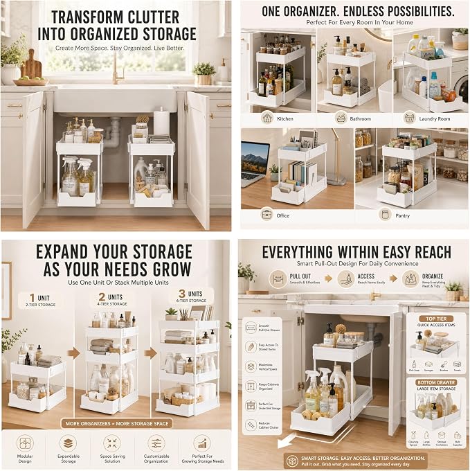 Under Sink Organizer, 2 Tier Pull-Out Storage Organizer with Sliding Drawer & Hooks, Multi-Purpose Cabinet Organizer for Kitchen, Bathroom, Pantry, Laundry Room & Office, White - Image 9
