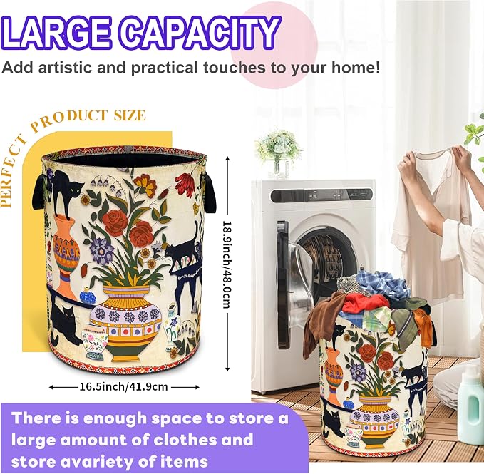 Black Cat Flower Laundry Basket Floral Vase Art Oxford Cloth Laundry Hamper - Image 2