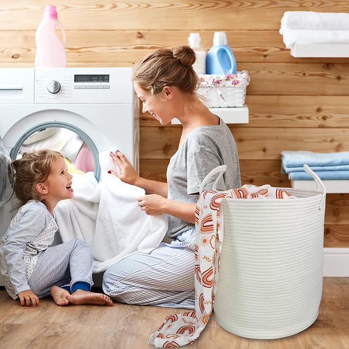 XUANGUO White Cotton Rope Laundry Basket Hamper for Clothes Large - Image 4
