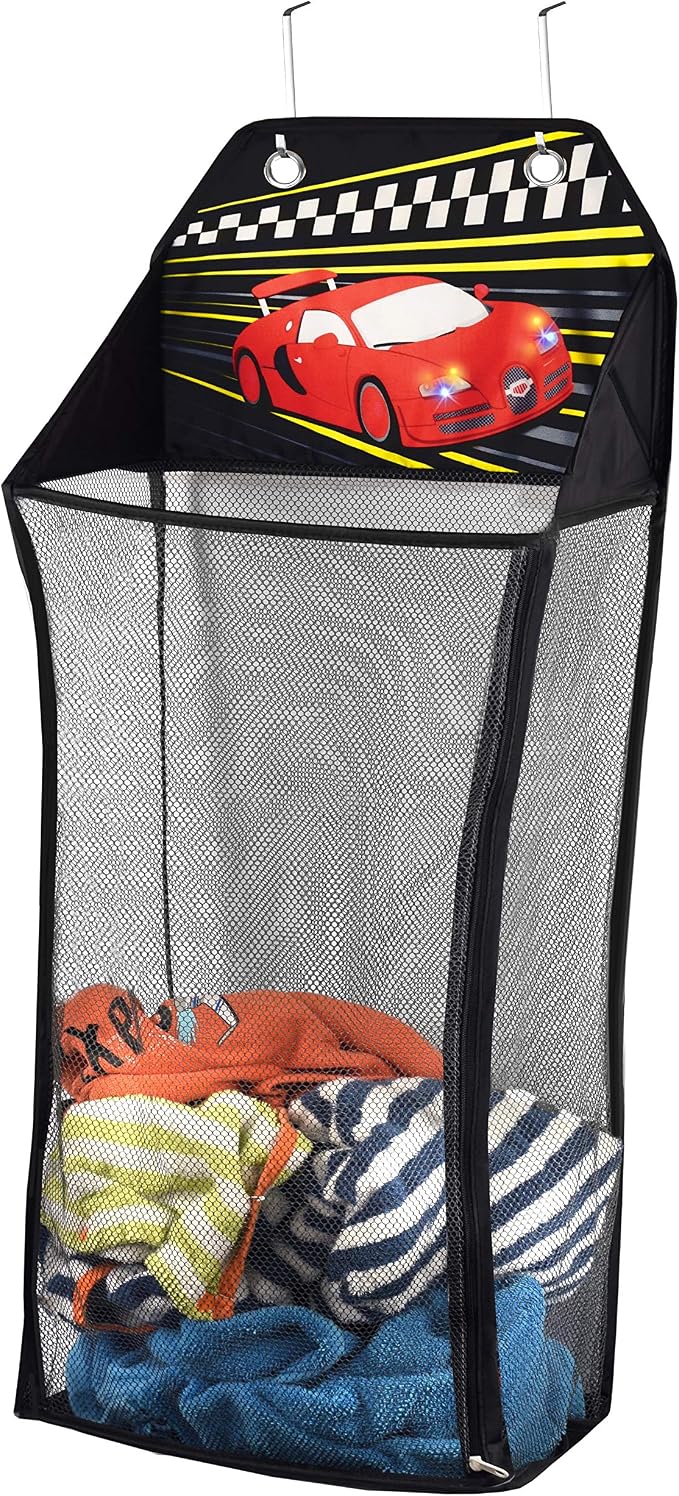 Store&Score Over The Door Hanging Kids Fun LED Race Car Light-Up Collapsible Mesh Laundry Hamper, Toy Chest, Metal Hooks Included by Unknown