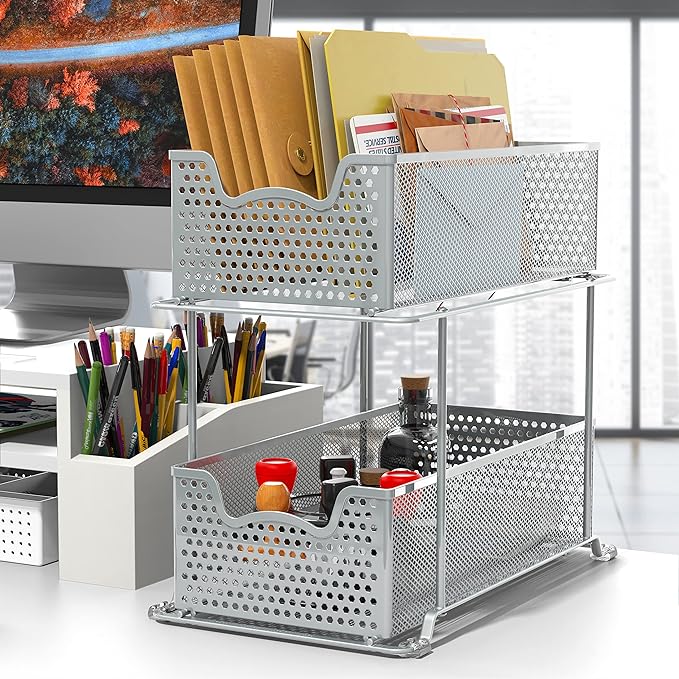 SIMPLE HOUSEWARE 2 Tier Sliding Cabinet Basket Organizer Drawer, Silver - Image 2