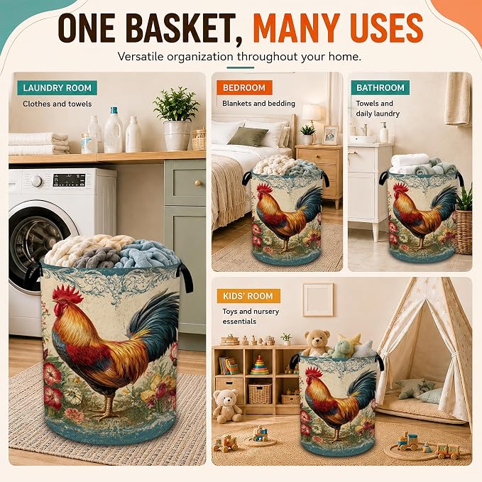 Vintage Rooster Flower Laundry Basket,Foldable Oxford Laundry Hamper with Handles,Portable Clothes Tote Bag Clothes Storage Bucket Organizer 20.8" x16" For Bathroom/Laundry Storage/Bedroom - Image 7