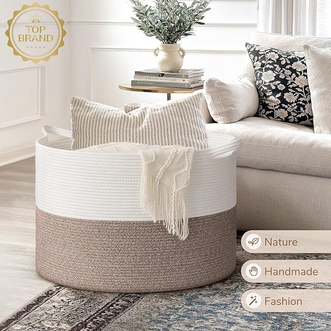 INDRESSME 115L Extra Large Woven Rope Blanket Basket Living Room, Brown - Image 7