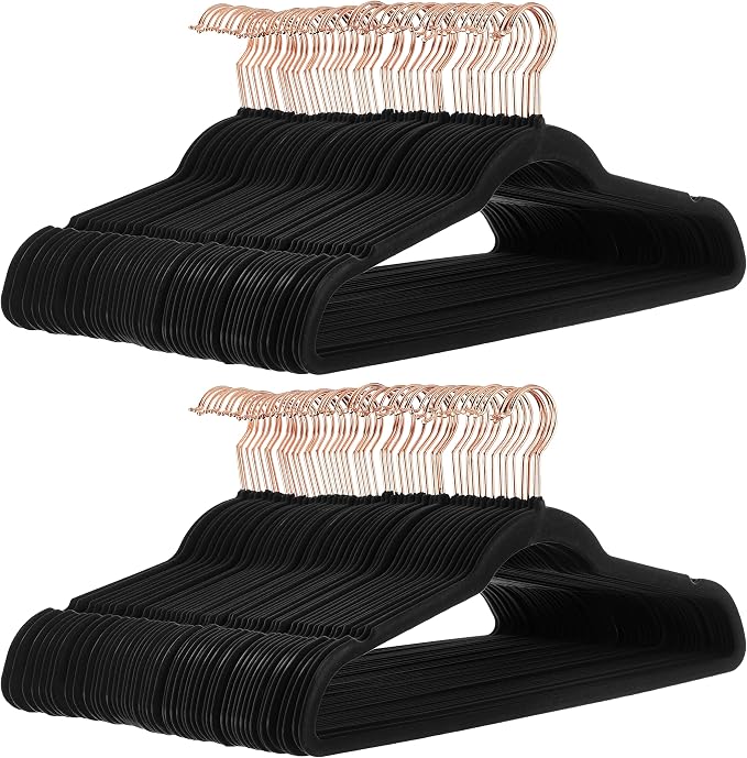 Amazon Basics Slim Velvet Non-Slip Space Saving Suit Clothes Hangers, Closet Organizer, Black/Rose Gold, 100-Pack by AmazonBasics