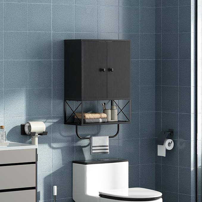 MAHANCRIS Bathroom Wall Cabinet with 2 Door and Adjustable Shelf, Farmhouse Medicine Cabinet with Towel Rack, 3-Tier Wall Mounted Storage Cabinet Over The Toilet for Bathroom Laundry Room, Black - Image 2