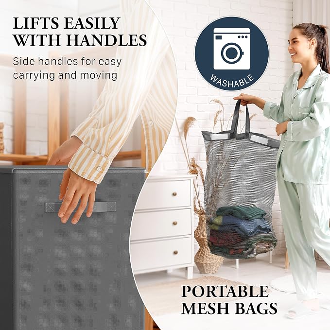 Simple Houseware Double Laundry Hamper with Lid & Removable Bags, Dark Gray - Image 4