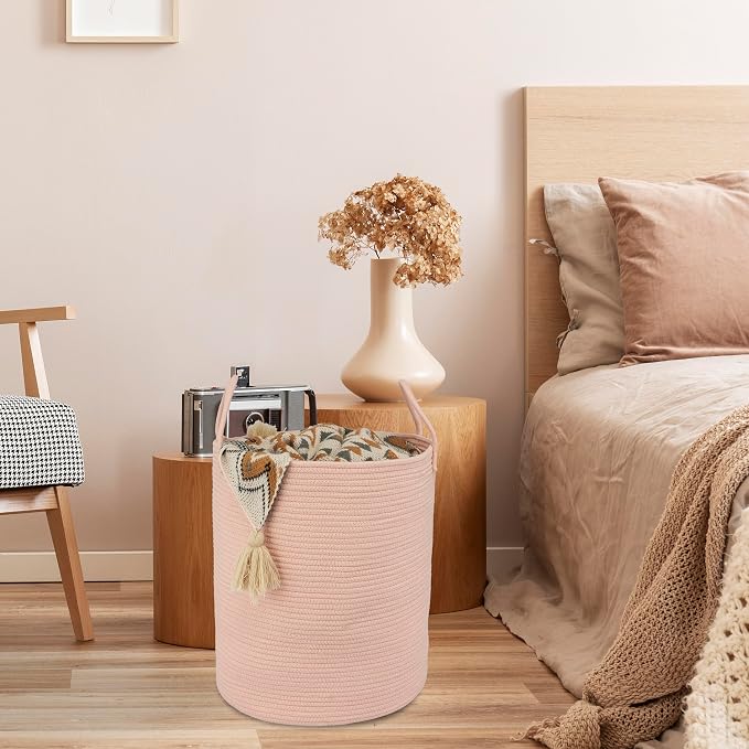 XUANGUO Cotton Rope Laundry Basket Hamper for Clothes, coral pink - Image 5