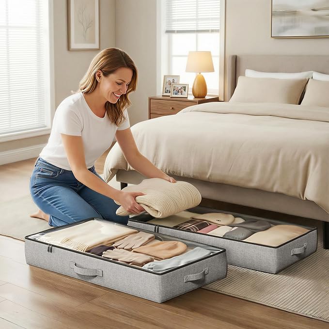 2-Pack Under Bed Storage Containers, 4.5 Inches Tall Clothes Storage, Grey | Low Profile Collapsible Underbed Organizer Bin with Sturdy Sidewalls/Bottom, Cotton-linen, For Seasonal Clothes & Bedding - Image 8