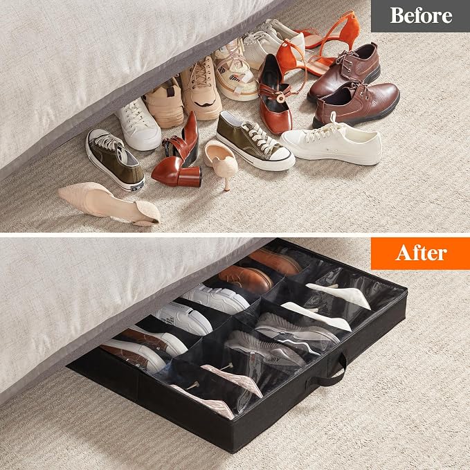Lifewit Under Bed Shoe Storage Organizer 1 Pack(12 Shoes Cells+4 Boots Cells), 4.3 Inches Profile Fabric Shoes Container Box with Clear Cover, Foldable Storage Bag with 2 Handles, Fits 10 to 16 Pairs - Image 8