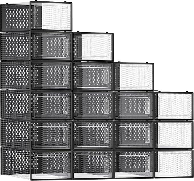 SONGMICS Shoe Boxes, Clear Plastic Sneaker Box, Pack of 18 | Stackable Shoe Storage Organizers, for Closet, 13.1 x 9.1 x 5.6 Inches, Transparent and Black, DENNYS Collection ULSP18SBKV1 by Unknown