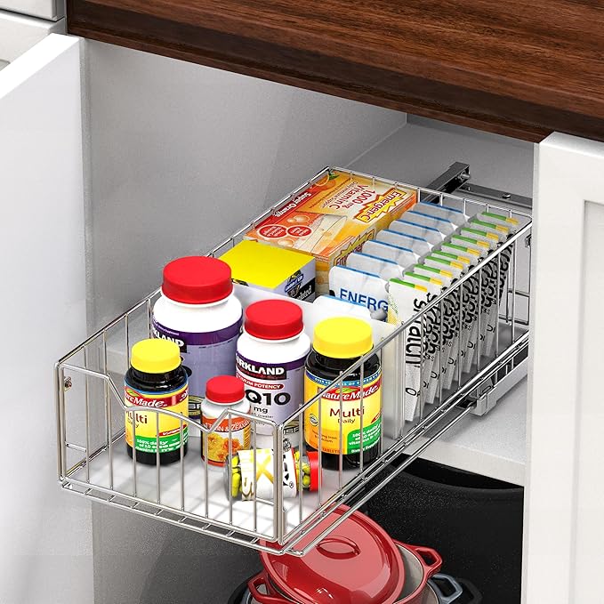 Simple Houseware Pull-Out Cabinet Sliding Basket, 17.2Dx9.7Wx5H, Chrome - Image 4