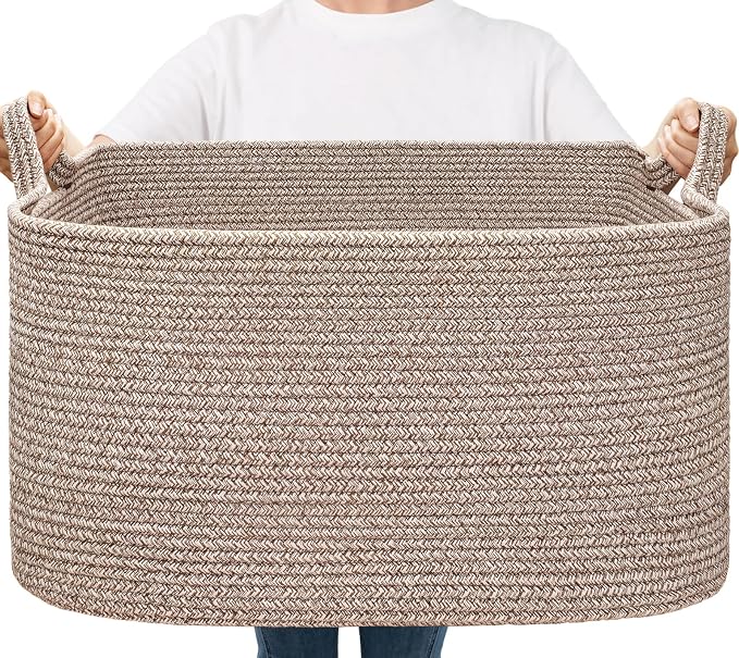Goodpick Large Woven Rope Blanket Basket, Rectangle, Brown, 75L by Goodpick