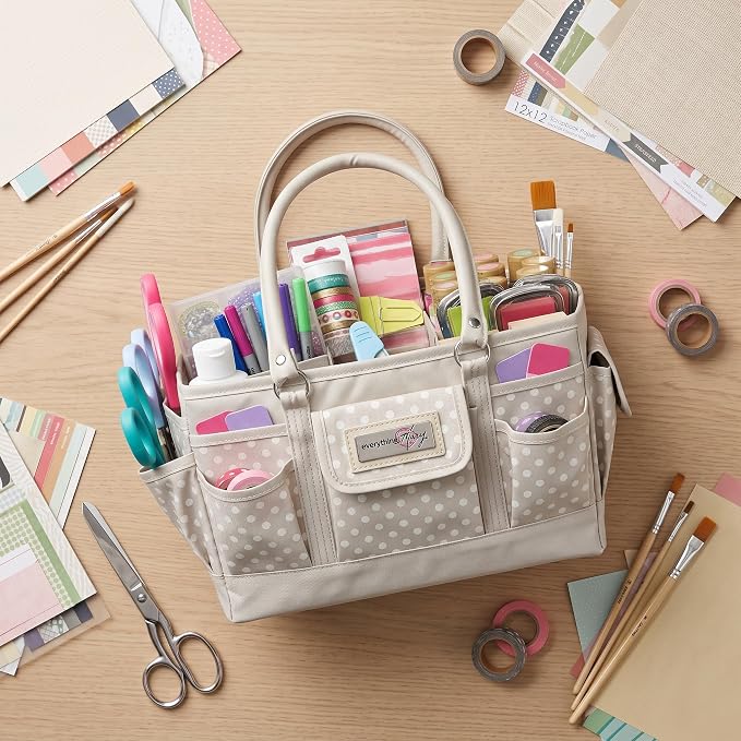 Everything Mary Deluxe Store & Tote Organizer – Tan Dot Craft Tote with Handle – Art Supply Caddy for Sewing, Scrapbooking, DIY Projects & Creative Tool Storage - Image 3