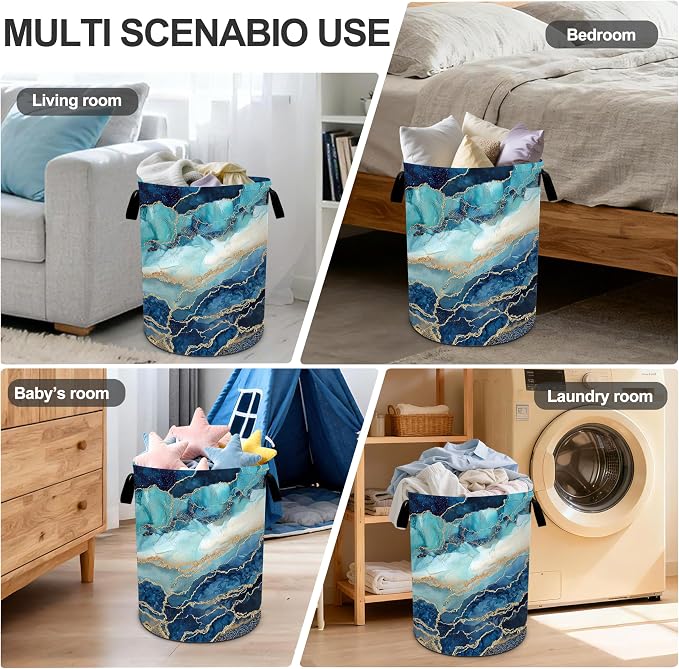 Marble Teal Laundry Basket Storage Bin Foldable Laundry Hamper Clothes Storage Bucket Organizer 19.6x15.7 Inch For Laundry Room/Bedroom/Bathroom - Image 6