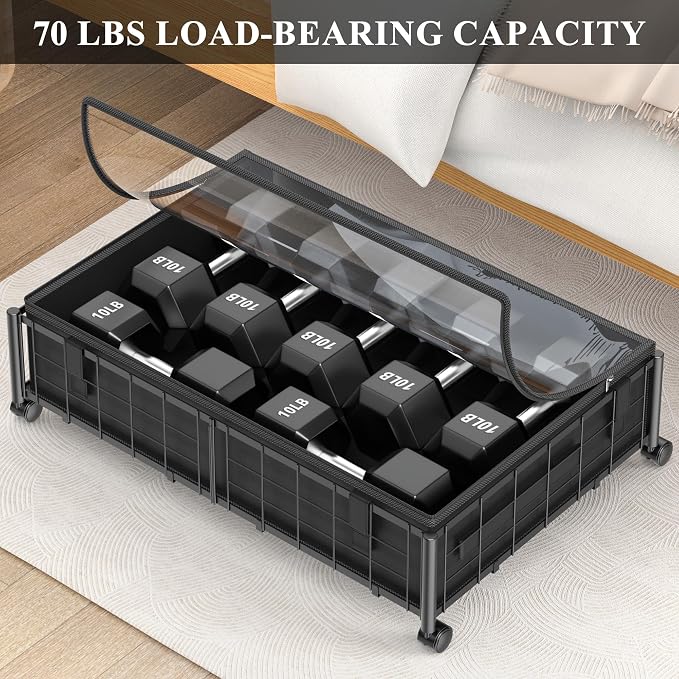 Hleelomi Under Bed Storage with Wheels and Storage Bag, 360° Rolling Under Bed Metal Drawers for Clothes, Blankets, Books and Shoes,Black， 2pack - Image 7
