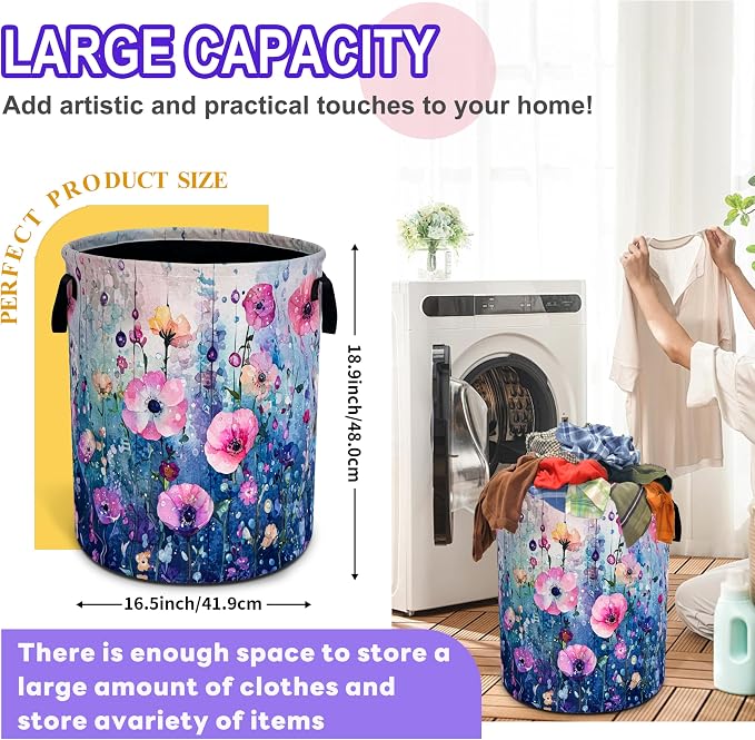 Colorful Flowers Laundry Basket Oxford Cloth Floral Hamper 18.9 x 16.5 Inch - Image 2