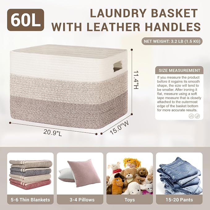 60L Woven Laundry Basket Hamper with Handles, Gradient Brown - Image 2