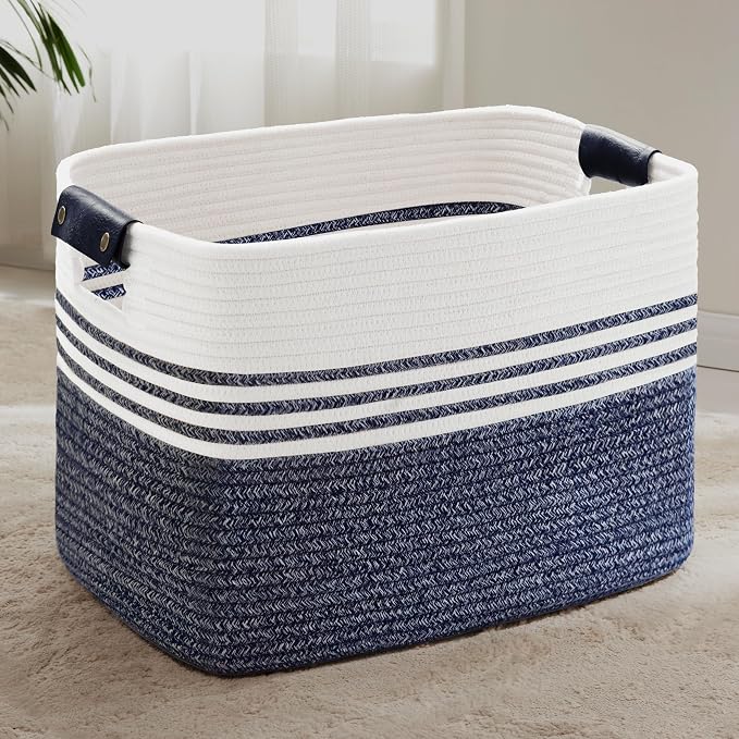 100L Woven Laundry Basket Hamper with Leather Handles,Denim Blue by SunNewt