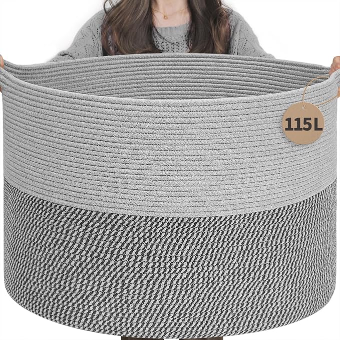 INDRESSME 115L Extra Large Woven Rope Blanket Basket Living Room, Grey by INDRESSME
