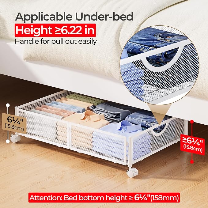 Yecaye Under Bed Storage with Wheels, 2 Pack Under Bed Shoe Storage, White | Sturdy All-Metal Frame, Foldable, 360° Rolling Wheels, Tool-free Assembly, Underbed Storage Drawers for Shoes, Toys, Clothes - Image 4