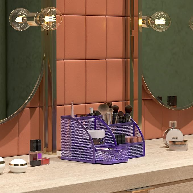 EasyPAG Mesh Desk Organizer with Drawer Multi-functional Pen Holder Stationery Organizer for Office School Supplies 6 Compartments Dorm Organizers and Storage for Desk, Purple - Image 6