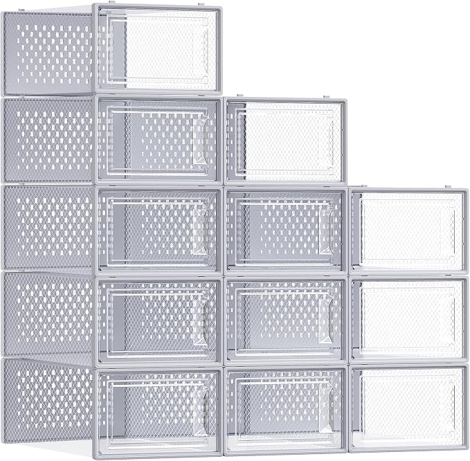 SONGMICS Shoe Boxes, Clear Plastic Sneaker Box, Pack of 12 | Stackable Shoe Storage Organizers, for Closet, 13.1 x 9.1 x 5.6 Inches, Transparent and Gray, DENNYS Collection ULSP006G12 by Unknown