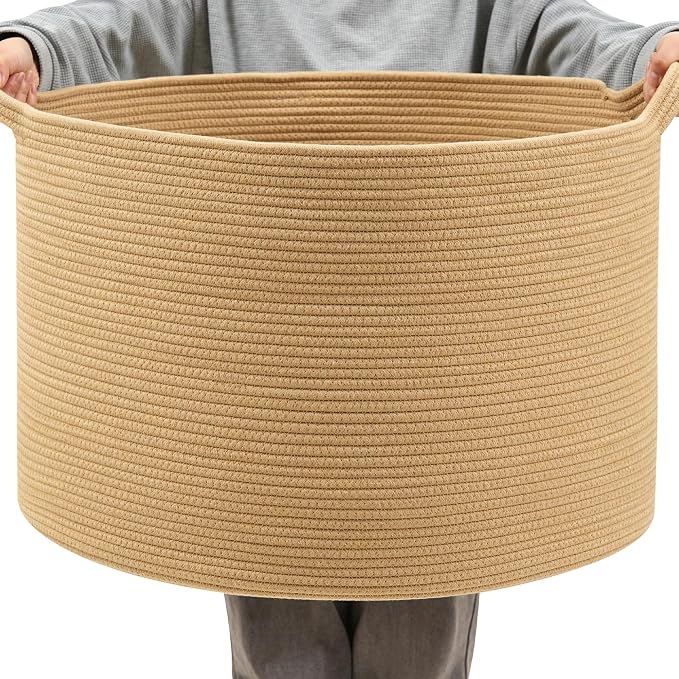 Foldable Laundry Hamper Basket with Collapsible Handle Cotton Rope Soft Woven Fabric Storage Organizer Clothes Toys Nursery Bedroom Dorm Space Saving Bin (Camel, 80L(21.7"D x 13.8"H)) by BEVOVBE
