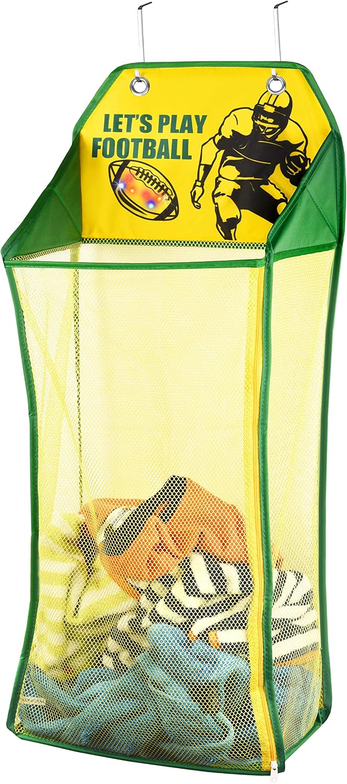Store & Score Over The Door Hanging Kids Fun LED Football Light-Up Collapsible Mesh Construction Laundry Hamper Basket, Toy Chest, Heavy Duty Metal Hooks Included. Patent Pending by Unknown