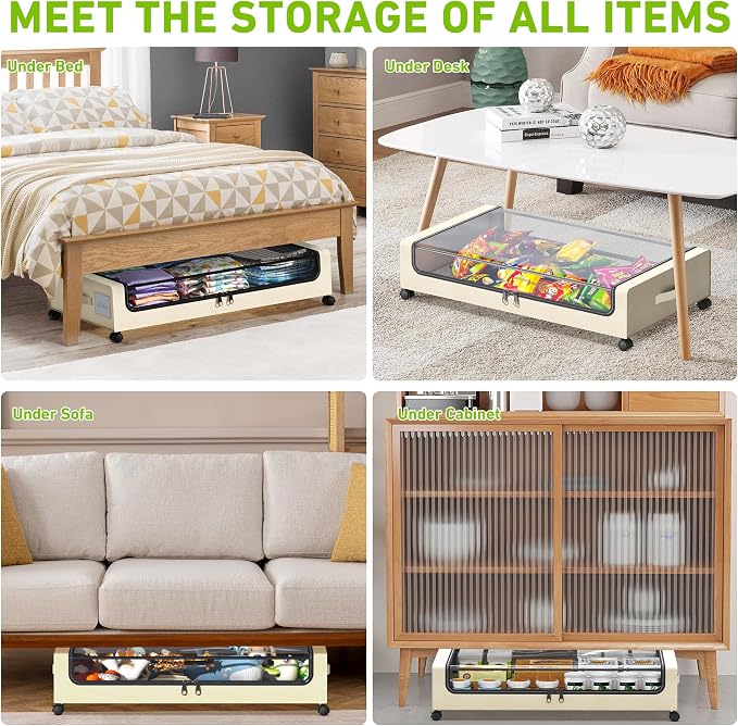 Tututry Under Bed Storage with Wheels, XXL 60L Under the Bed Storage Bins, Underbed Storage Containers with Lids & Label, Rolling Metal Drawer for Shoes, Clothes, Books, Toys (4-Pack Beige) - Image 5