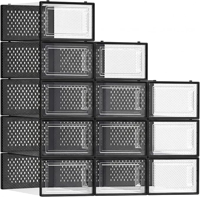 SONGMICS Shoe Boxes, Clear Plastic Sneaker Box, Pack of 12 | Stackable Shoe Storage Organizers, for Closet, 13.1 x 9.1 x 5.6 Inches, Transparent and Black, DENNYS Collection ULSP006B12 by Unknown