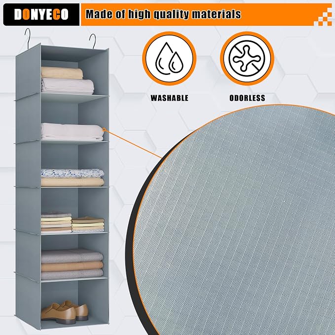 Hanging Closet Organizer 6-Shelf, Oxford Fabric Wardrobe Storage, Gray | Easy-mount foldable design holds clothes, handbags, shoes & accessories; washable Oxford fabric, sturdy and space-saving. - Image 4