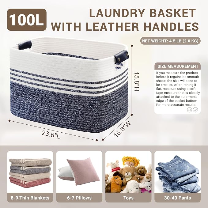 100L Woven Laundry Basket Hamper with Leather Handles,Denim Blue - Image 2
