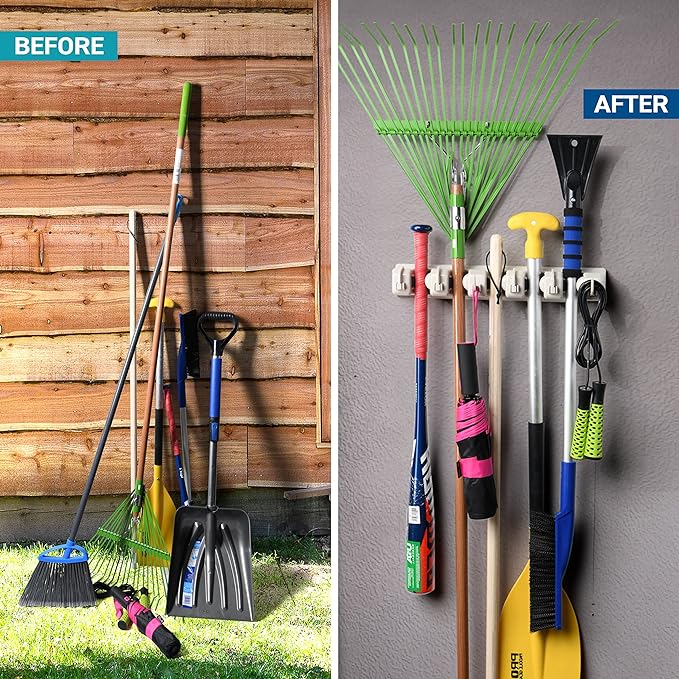 HOME IT Broom and Mop Holder Wall Mount – Heavy Duty Garage Organizer with 5 Slots & 6 Hooks, 7.5lbs Capacity Per Slot - Easy Install Storage Rack for Home, Kitchen, Laundry Room & Garden - Off-White - Image 3