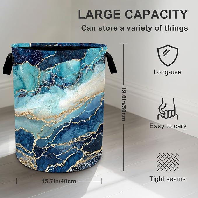 Marble Teal Laundry Basket Storage Bin Foldable Laundry Hamper Clothes Storage Bucket Organizer 19.6x15.7 Inch For Laundry Room/Bedroom/Bathroom - Image 4
