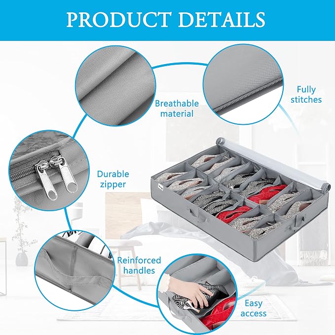 INAYA 2 Pack Under Bed Shoe Storage w/Hard Base, No Sagging, Holds 32 Pairs - Image 3